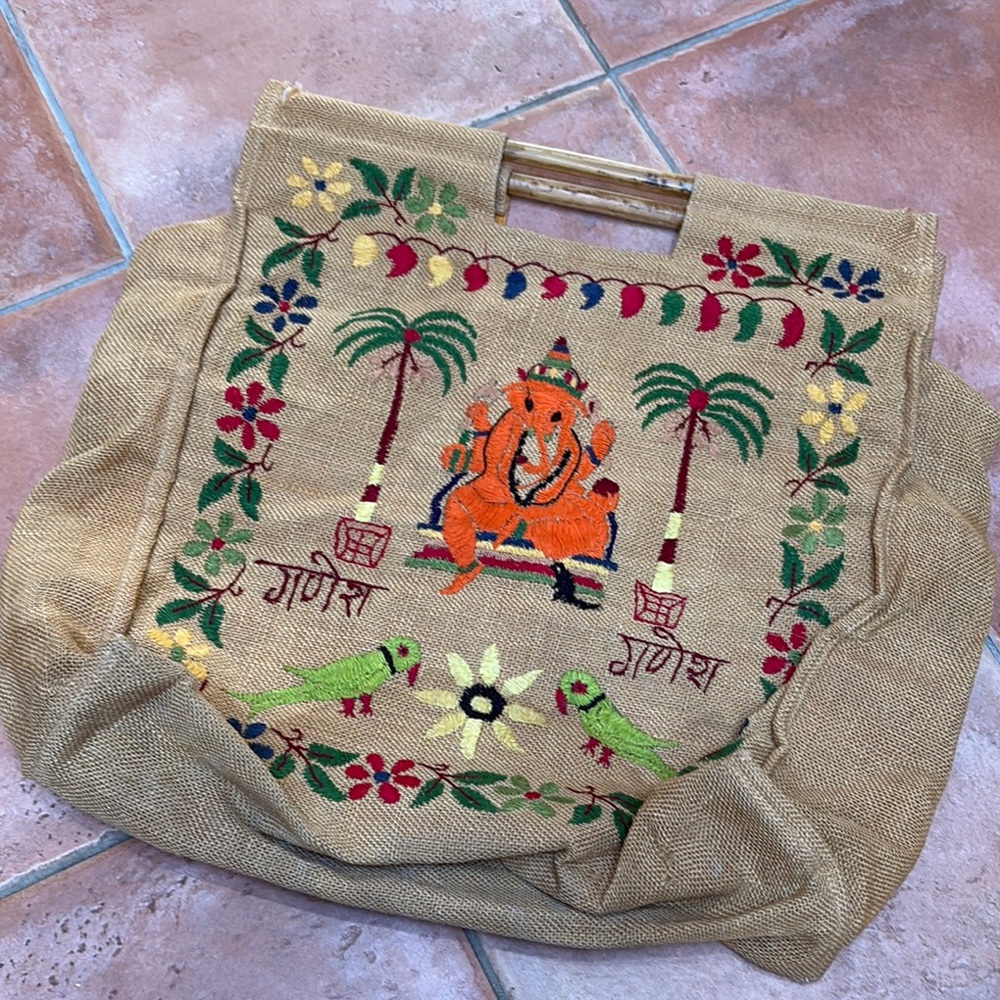 Embroidered Vintage Tan Tote Bag